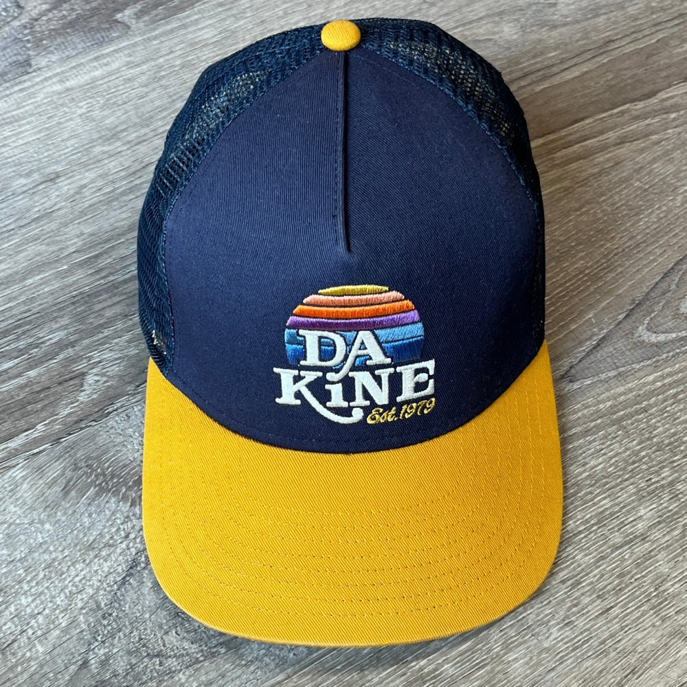 Dakine Est 1979 Trucker Hat Navy Blue Yellow Sunset Logo Snapback Mid Crown Cap